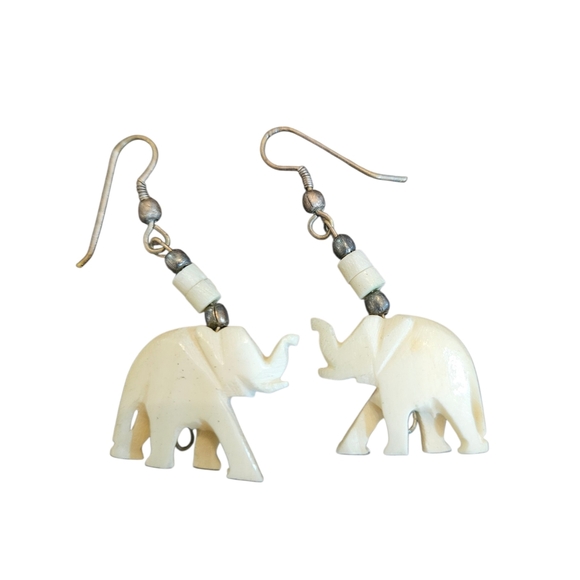 Jewelry - Handcrafted Carved Bone Elephant Dangle Earrings  Vintage